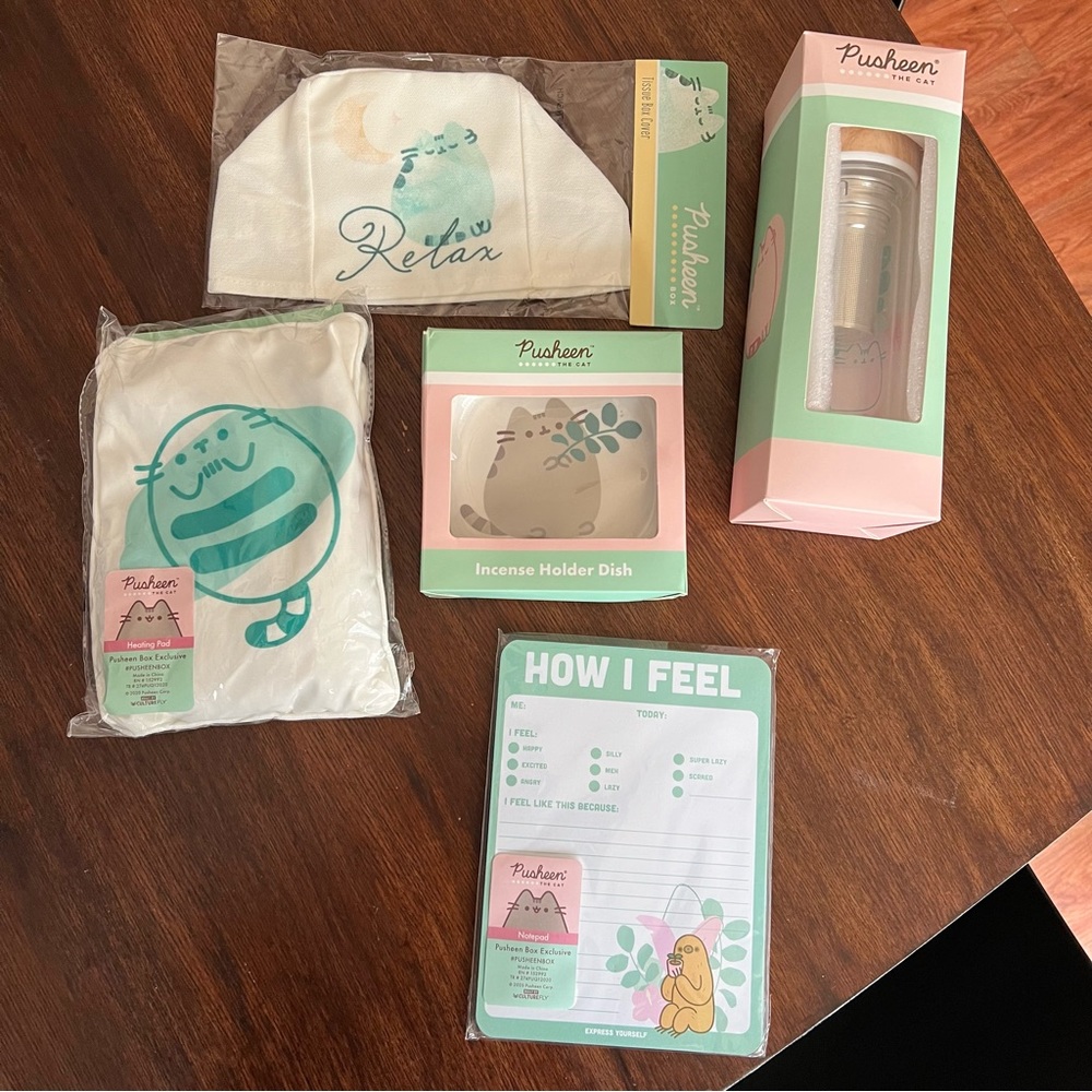 Pusheen Tea Infuser, Tissue Cover, Heating Pad, Notepad, & Ceramic Incense Dish
